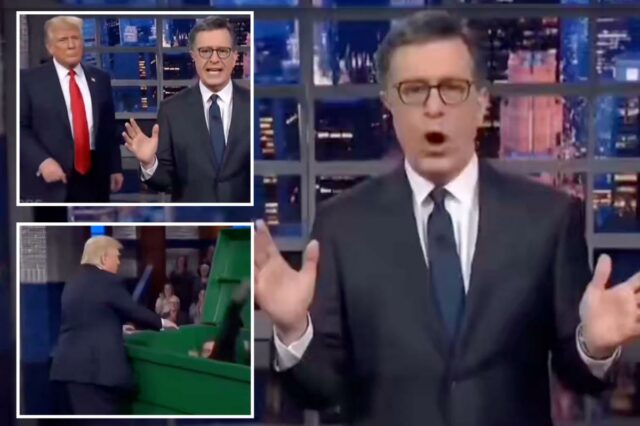 Trump gerado por IA caminha atrás de Colbert no último show