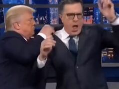 Trump posta vídeo de IA dele mesmo atacando Stephen Colbert O vídeo gerado por IA no Truth Social.