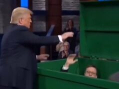 Trump posta vídeo de IA dele mesmo jogando Stephen Colbert na lixeira Trump posta vídeo de IA dele mesmo jogando Stephen Colbert na lixeira