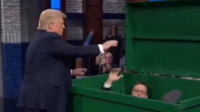 Trump posta vídeo de IA dele mesmo jogando Stephen Colbert na lixeira
