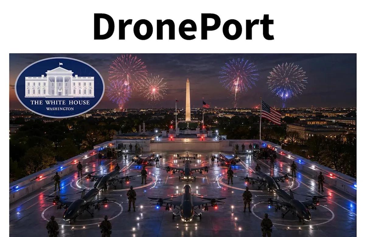 Duas imagens geradas por IA que o presidente Trump compartilhou no Truth Social no fim de semana retratando sua proposta "DronePort" no topo do novo salão de baile da Casa Branca.