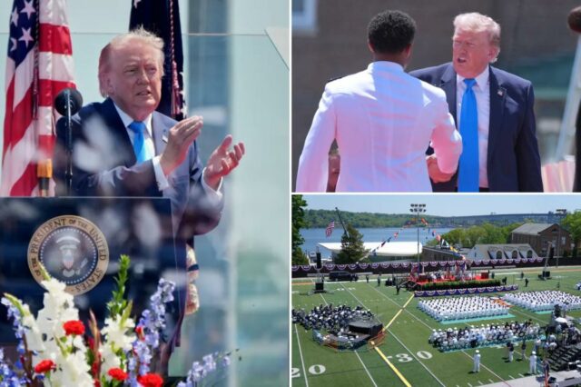 Trump se diverte 'um pouco' com graduados da Guarda Costeira: 'Olha os músculos desse cara'
