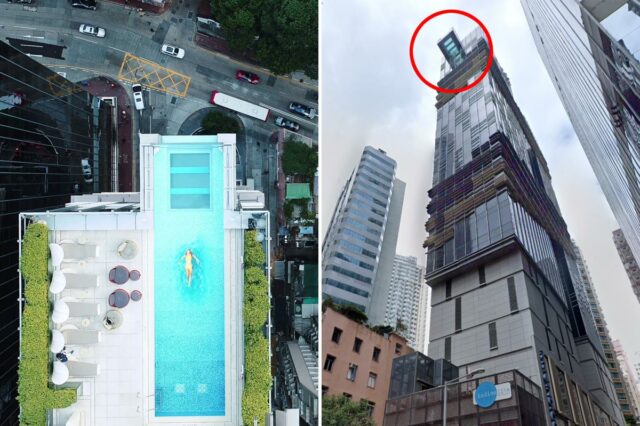 O edifício do Hotel Indigo Hong Kong a partir de uma vista de rua de ângulo baixo, cercado por outros edifícios altos.