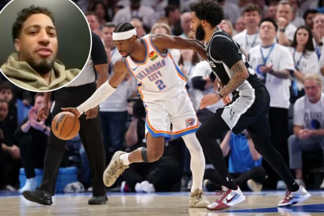 Shai Gilgeous-Alexander nº 2 do Oklahoma City Thunder dirige ao redor de Julian Champagnie nº 30 do San Antonio Spurs durante o quarto quarto no jogo cinco das finais da Conferência Oeste da NBA no Paycom Center em 26 de maio de 2026 em Oklahoma City, Oklahoma.