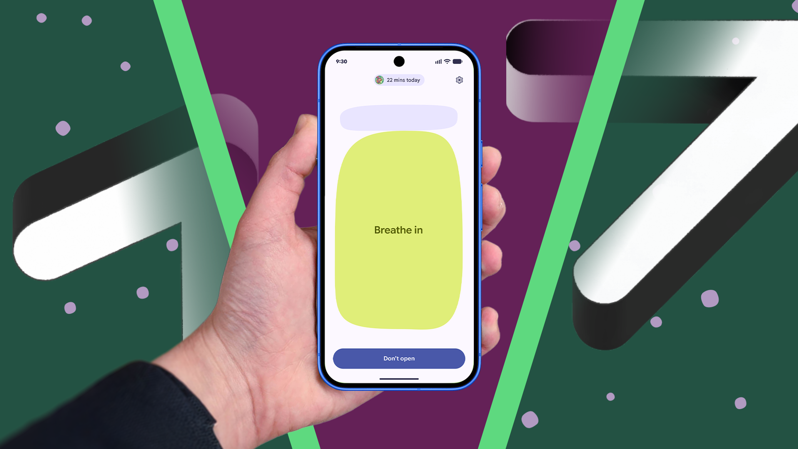 Um mascote 3D do Android cercado por ícones que representam recursos como tela dividida, histórico da área de transferência, configurações rápidas, automação e navegação por gestos.