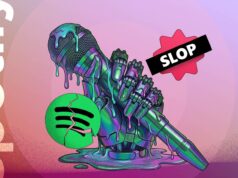 Usei essas ferramentas para bloquear o desperdício de IA no Spotify e devo fazer isso mais cedo Um homem com fones de ouvido e um banner de “recomendações”, com o logotipo do Spotify ao fundo.