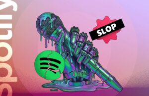 Usei essas ferramentas para bloquear o desperdício de IA no Spotify e devo fazer isso mais cedo Um homem com fones de ouvido e um banner de “recomendações”, com o logotipo do Spotify ao fundo.