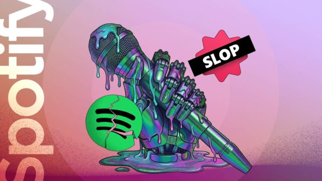 Um homem com fones de ouvido e um banner de “recomendações”, com o logotipo do Spotify ao fundo.