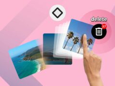 Usei este aplicativo de limpeza de fotos para me livrar de centenas de fotos em 10 minutos Um telefone Android com um aplicativo de armazenamento em nuvem está em cima de uma mesa cinza.