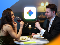 Usei o Gemini para planejar um encontro e meu parceiro percebeu a diferença Ilustração mostrando o logotipo da Gemini no centro, cercado por ícones do Gmail, Docs, restaurante e viagens do Google.