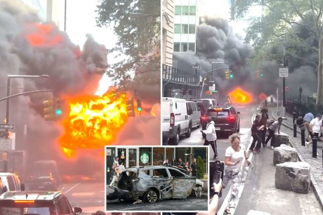 Vídeo insano mostra carro MTA explodindo em uma enorme bola de fogo perto do Charging Bull de Wall Street
