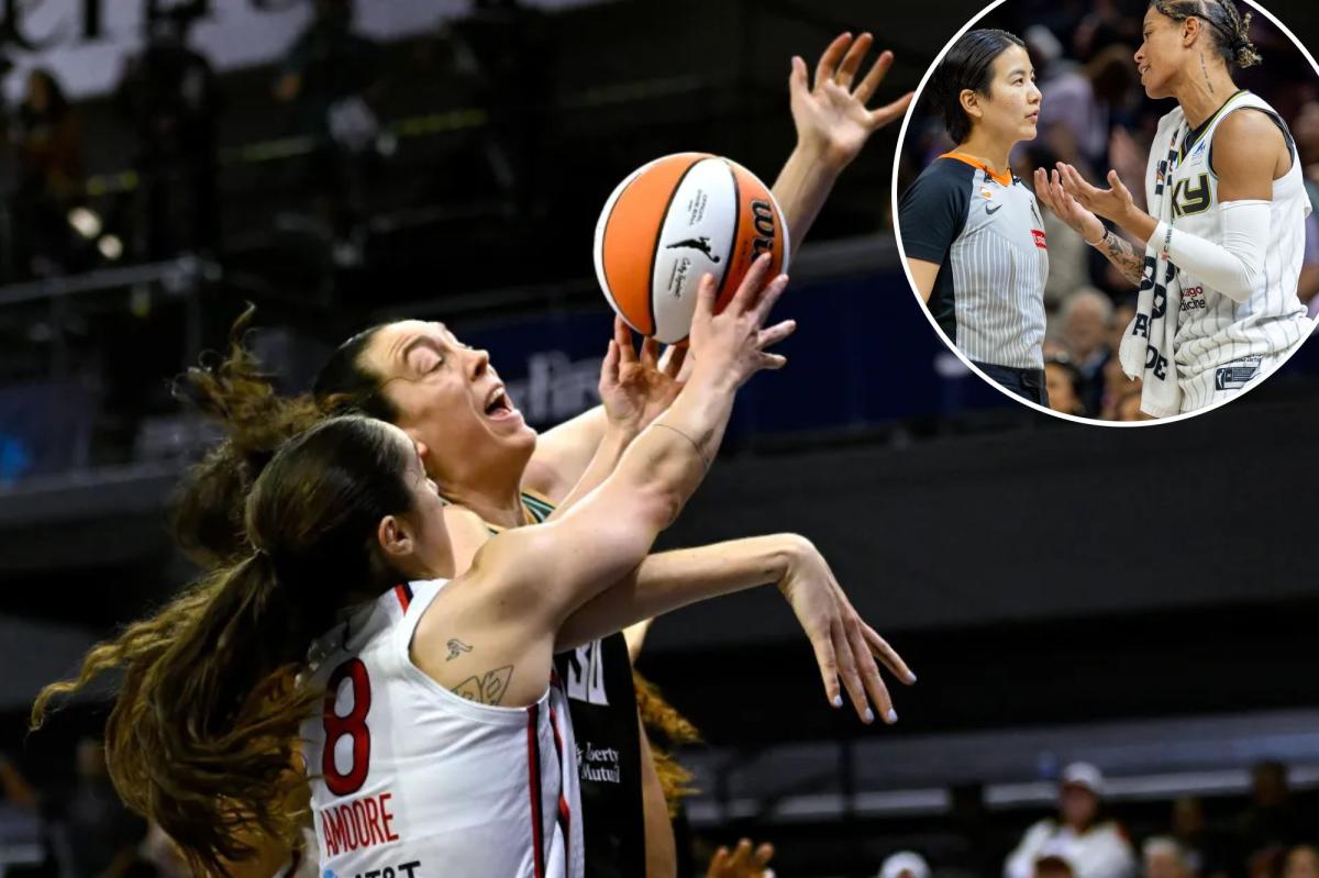 Breanna Stewart sofre falta de Georgia Amoore durante a vitória do Liberty sobre os Mystics em 10 de maio de 2026.