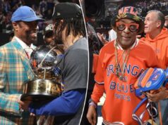 Walt Frazier e Spike Lee veem os Knicks como ‘time do destino’ com tons dos dias de glória dos anos 1970 Walt Frazier e Jalen Brunson entregam o troféu do Campeonato da Conferência Leste a Jalen Brunson.