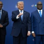 U.S. President Donald Trump at the signing ceremony of a peace deal with the Rwandan President Paul Kagame (left) and Congolese President Félix Tshisekedi (right) on December 4, 2025, in Washington, D.C.