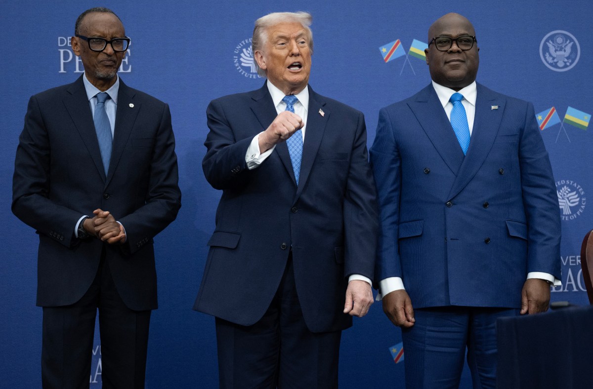 U.S. President Donald Trump at the signing ceremony of a peace deal with the Rwandan President Paul Kagame (left) and Congolese President Félix Tshisekedi (right) on December 4, 2025, in Washington, D.C.