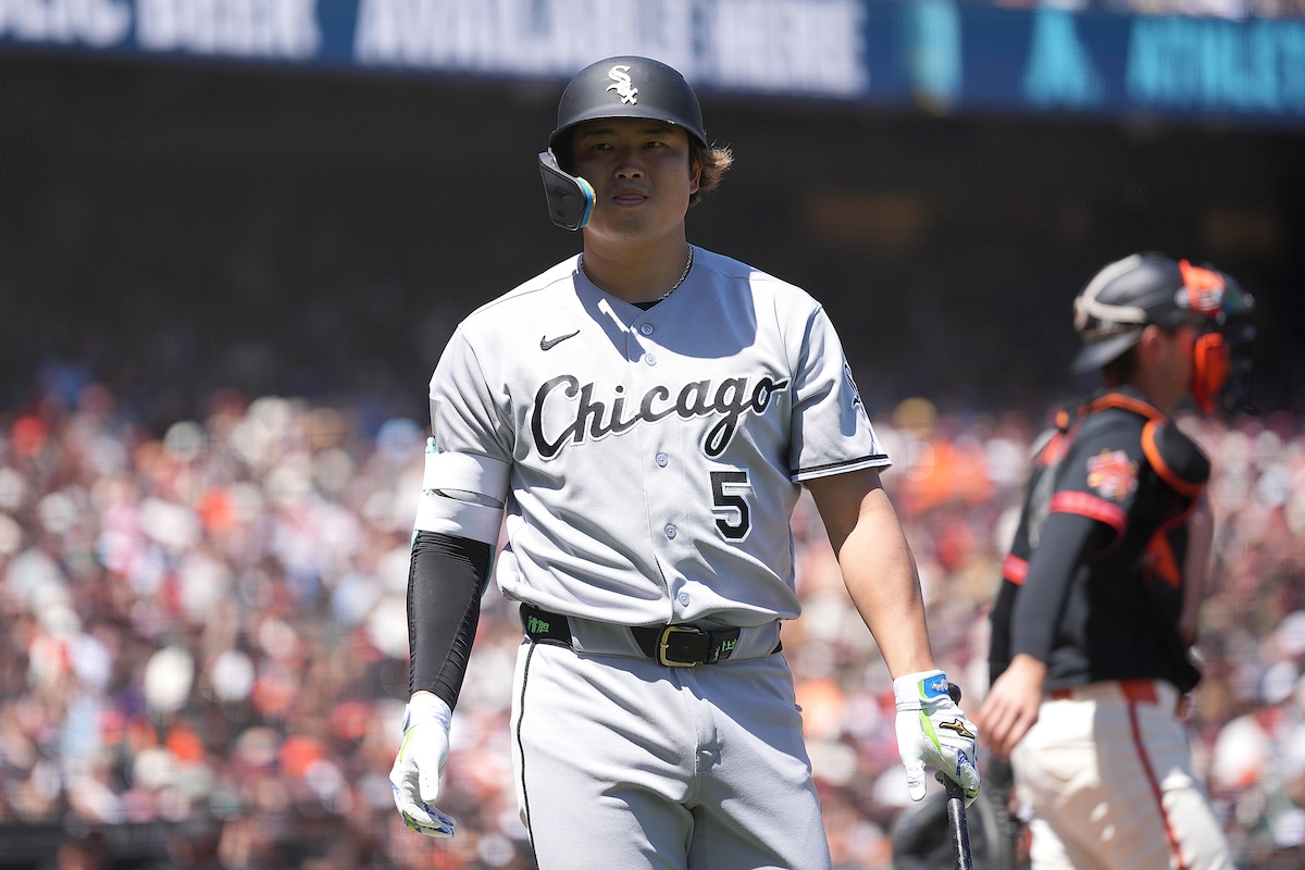 SAN FRANCISCO, CALIFORNIA - MAY 23: Munetaka Murakami #5 of the Chicago White Sox reacts after striking out against the San Francisco Giants in the top of the fifth inning at Oracle Park on May 23, 2026 in San Francisco, California. (Photo by Thearon W. Henderson/Getty Images)