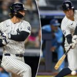 Spencer Jones (78), do New York Yankees, acerta uma única na quinta entrada contra o Toronto Blue Jays no Yankee Stadium, quinta-feira, 21 de maio de 2026, no Bronx, NY.