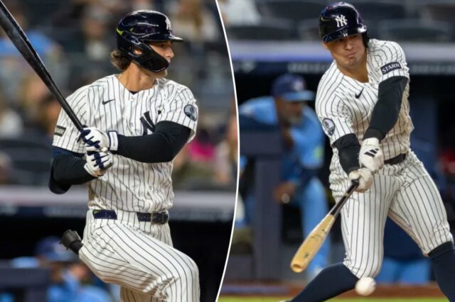 Spencer Jones (78), do New York Yankees, acerta uma única na quinta entrada contra o Toronto Blue Jays no Yankee Stadium, quinta-feira, 21 de maio de 2026, no Bronx, NY. 