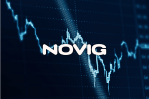 Logotipo da Novig exibido sobre um gráfico de negociação financeira após a aprovação da CFTC da empresa como um mercado nacional de previsões esportivas