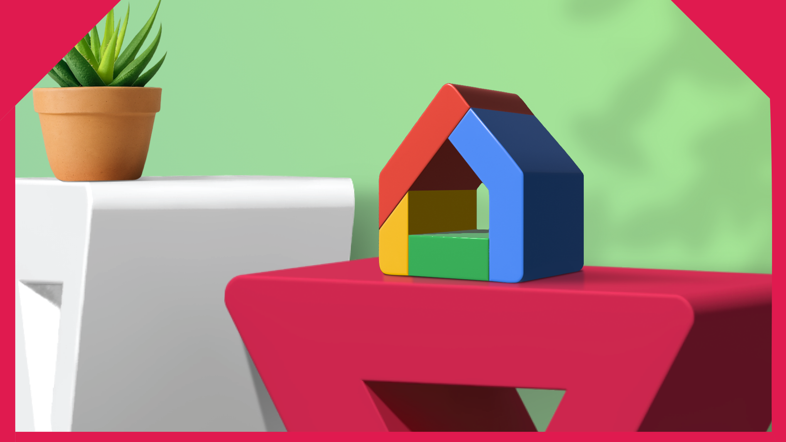 Ilustração de um alto-falante inteligente Google Home com o logotipo Gemini e Google Home na frente