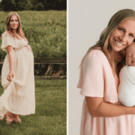 Samantha Robinson, 35, standing outside with her family while pregnant.