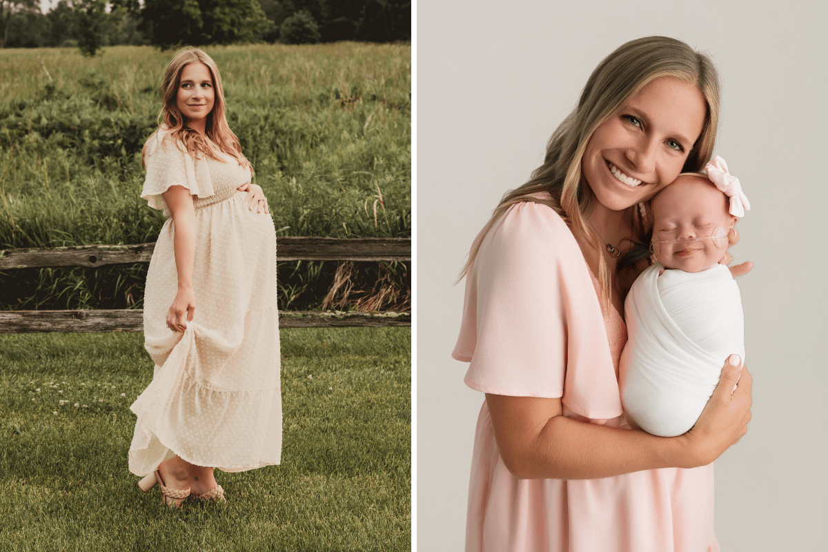 Samantha Robinson, 35, standing outside with her family while pregnant.