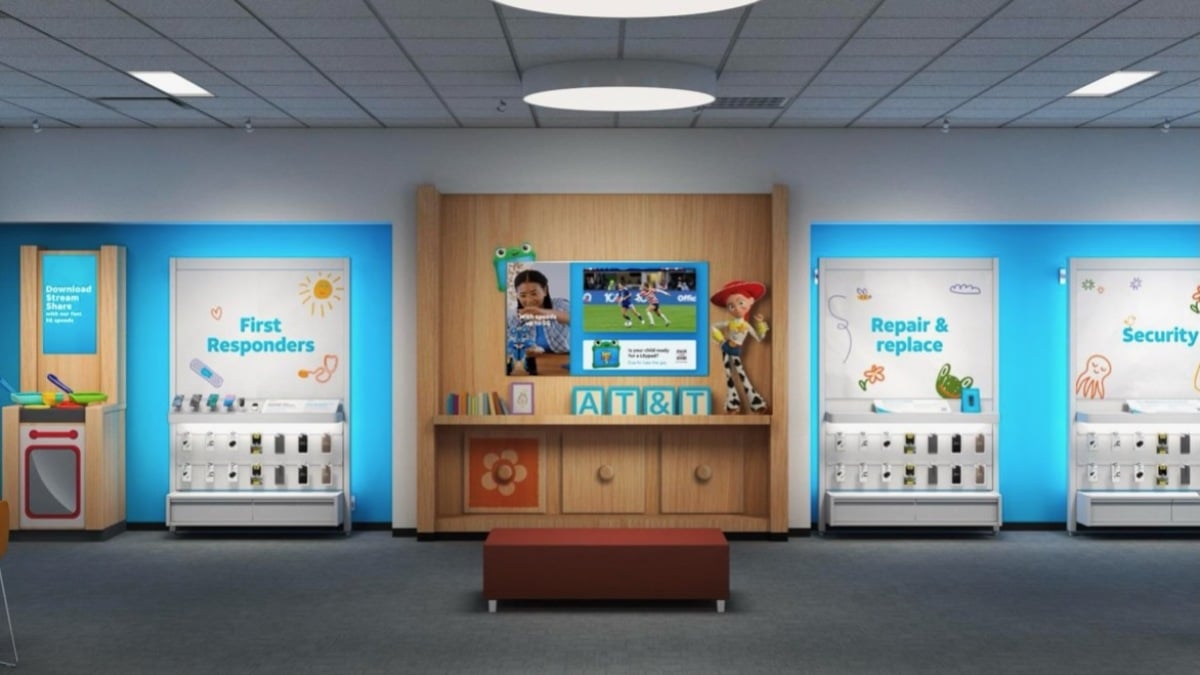 Renderizações das experiências nas lojas de Toy Story 5 chegarão em 8 de junho em lojas selecionadas da AT&T.