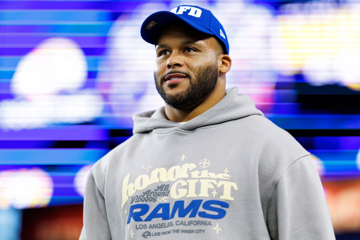 GLENDALE, ARIZONA - JANUARY 13: Former Los Angeles Rams defensive lineman Aaron Donald arrives to the stadium prior to an NFC Wild Card game against the Minnesota Vikings, at State Farm Stadium on January 13, 2025 in Glendale, Arizona. (Photo by Brooke Sutton/Getty Images)