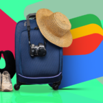 Um cartão azul da Carteira virtual do Google cercado por cartões flutuantes de crédito, presente e fidelidade