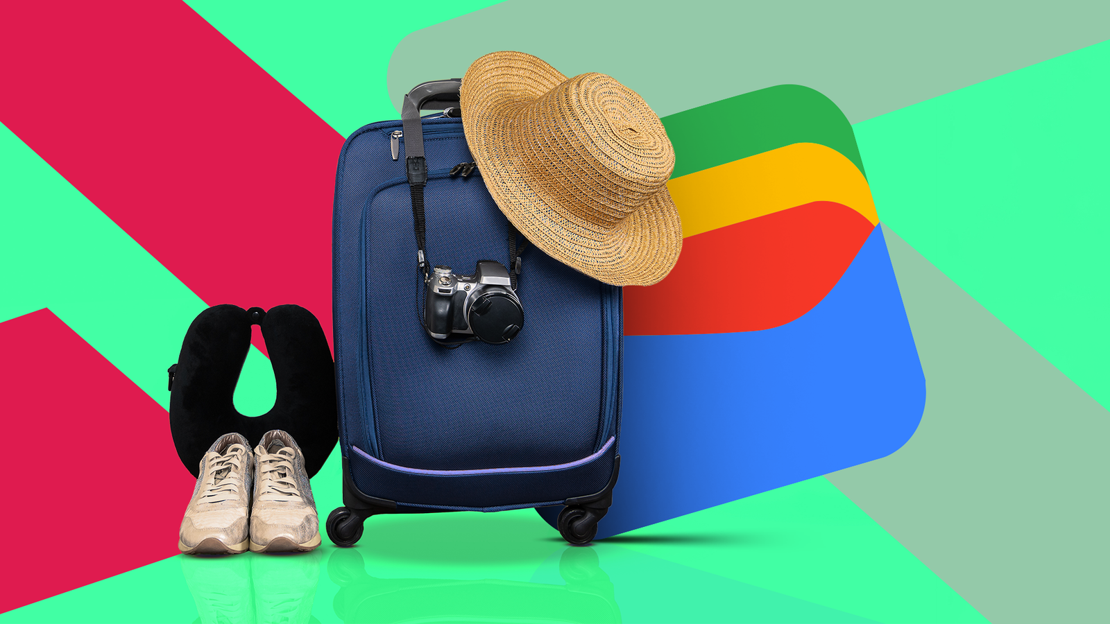 Um cartão azul da Carteira virtual do Google cercado por cartões flutuantes de crédito, presente e fidelidade