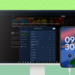 Um smartphone conectado a um monitor exibindo uma interface de desktop Android com aplicativos em janelas flutuantes.