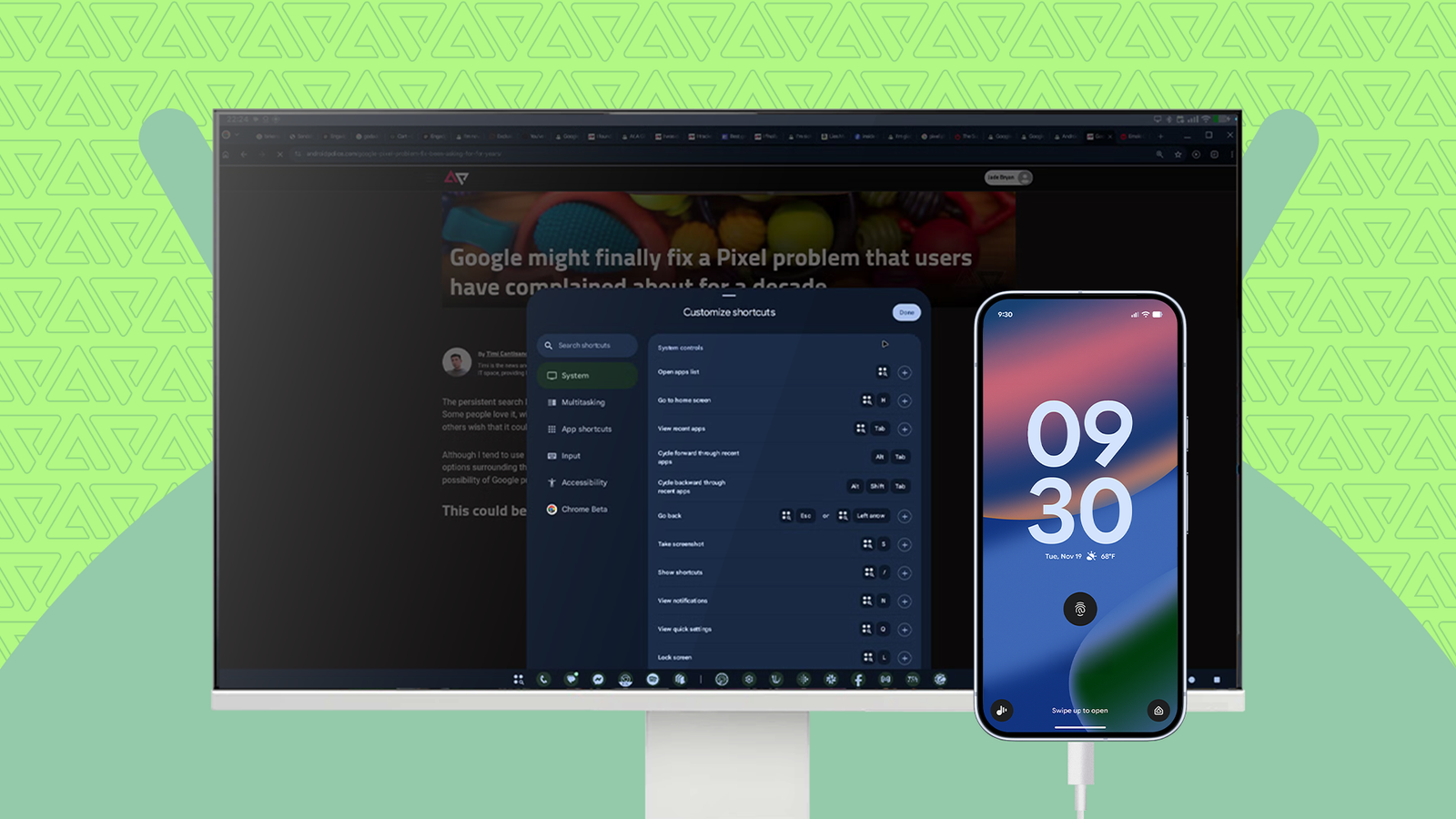Um smartphone conectado a um monitor exibindo uma interface de desktop Android com aplicativos em janelas flutuantes.