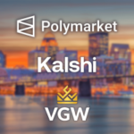 Processos do procurador-geral de Kentucky contra Polymarket, Kalshi e VGW exibidos no horizonte de Louisville, destacando a repressão estadual aos mercados de previsão e cassinos de sorteios.