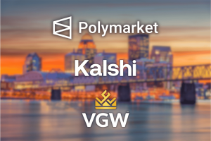 Processos do procurador-geral de Kentucky contra Polymarket, Kalshi e VGW exibidos no horizonte de Louisville, destacando a repressão estadual aos mercados de previsão e cassinos de sorteios.