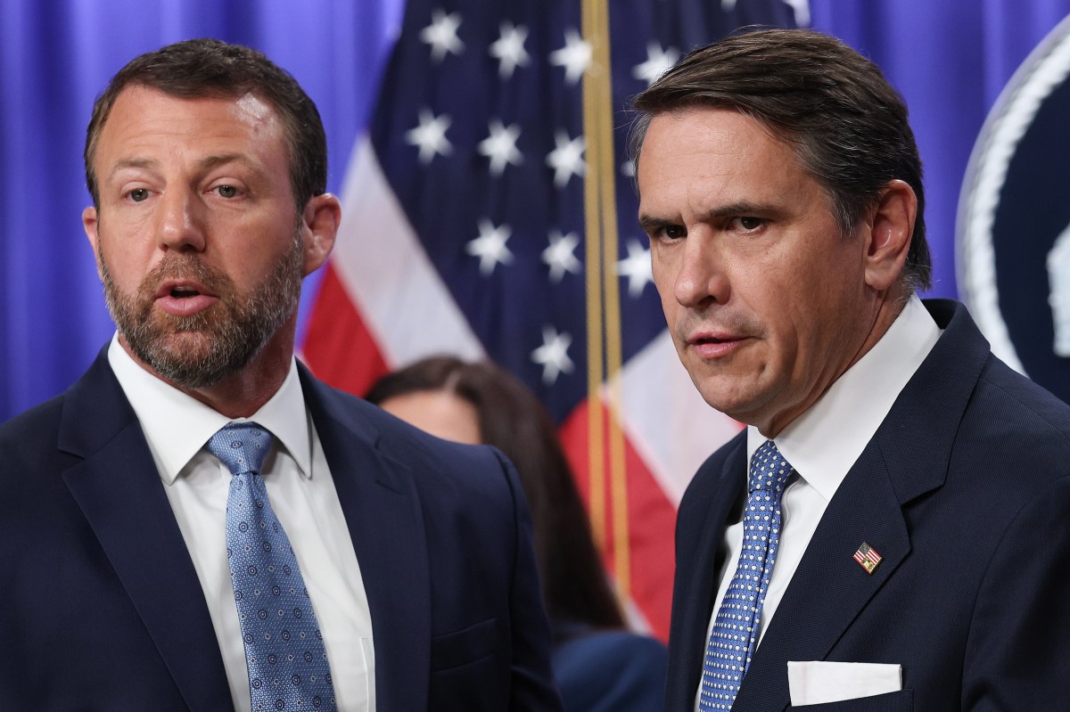 Acting U.S. Attorney General Todd Blanche listens to a reporter's question during a press conference with U.S. Secretary of Homeland Security Markwayne Mullin (L) at the Department of Justice June 11, 2026 in Washingon, DC. The press conference centered on government efforts to locate and secure unaccompanied immigrant children.
