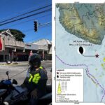 Police gather in front of a collapsed Jollibee fast food restaurant after an 7.8 magnitude earthquake in General Santos City on June 8, and a map plots the Magnitude 7.8 Offshore Sarangani Earthquake and aftershocks as of 12PM local time.