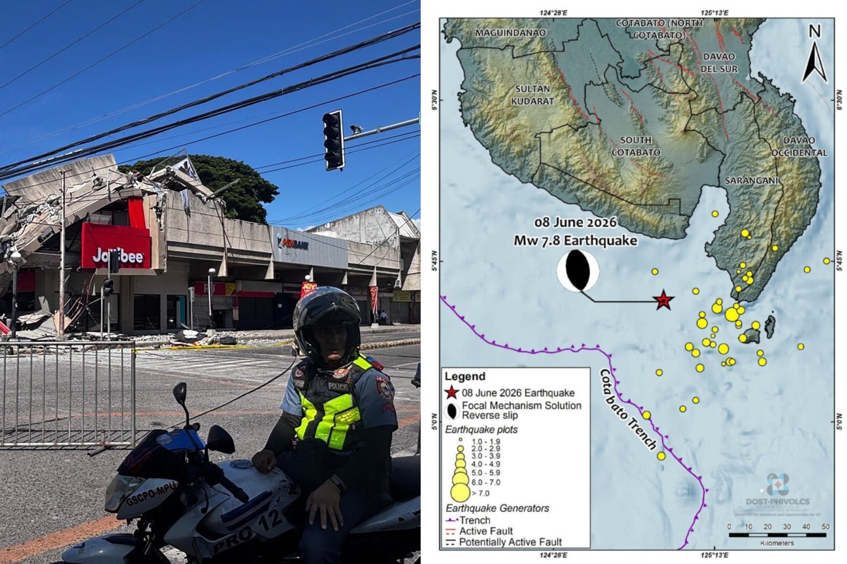 Police gather in front of a collapsed Jollibee fast food restaurant after an 7.8 magnitude earthquake in General Santos City on June 8, and a map plots the Magnitude 7.8 Offshore Sarangani Earthquake and aftershocks as of 12PM local time.