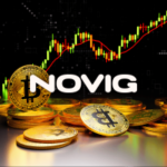Logotipo da Novig exibido sobre moedas de criptomoeda e gráfico de negociação ilustrando a aprovação da CFTC, previsão de crescimento dos mercados e desenvolvimentos da indústria de criptografia.