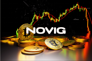 Logotipo da Novig exibido sobre moedas de criptomoeda e gráfico de negociação ilustrando a aprovação da CFTC, previsão de crescimento dos mercados e desenvolvimentos da indústria de criptografia.