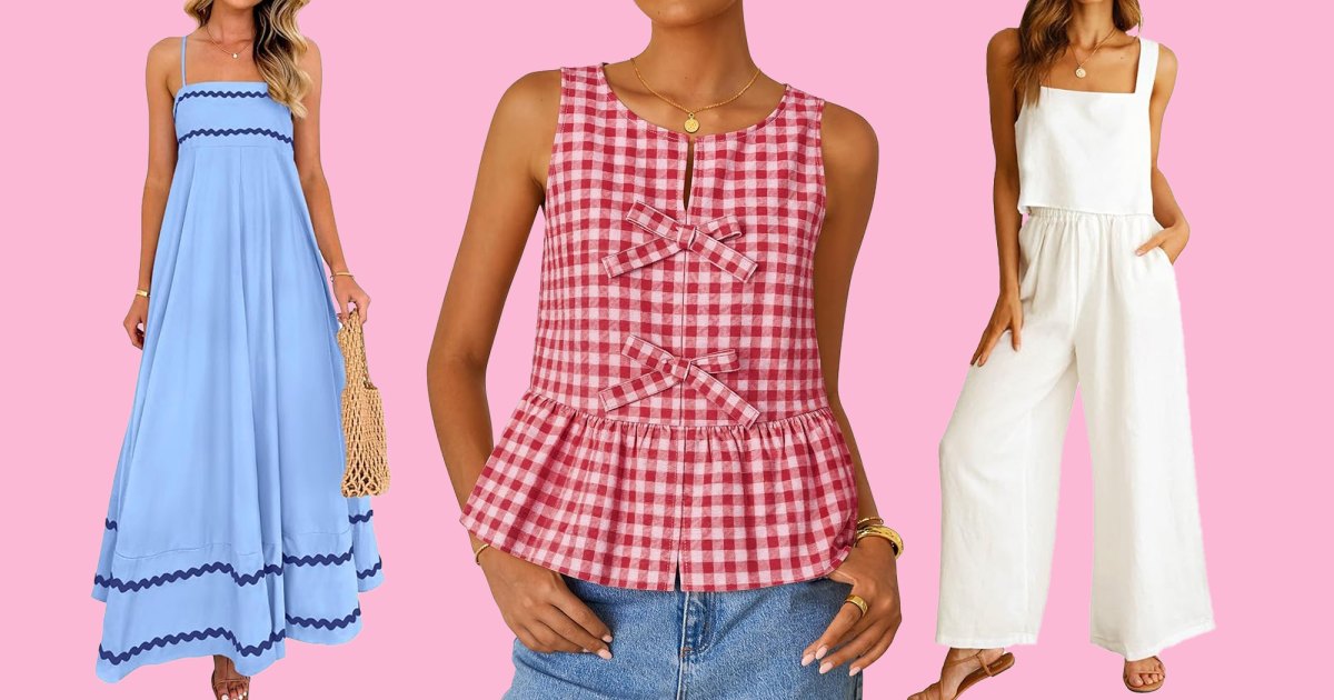 Vestidos maxi listrados azuis, florais vermelhos e azuis