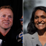 Spencer Pratt, left, a candidate in the Los Angeles mayoral race and Nithya Raman, another candidate, right.