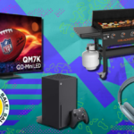 TCL TV, Apple AirPods Max, Xbox Series X e grelha Blackstone com fundo roxo e azul-petróleo