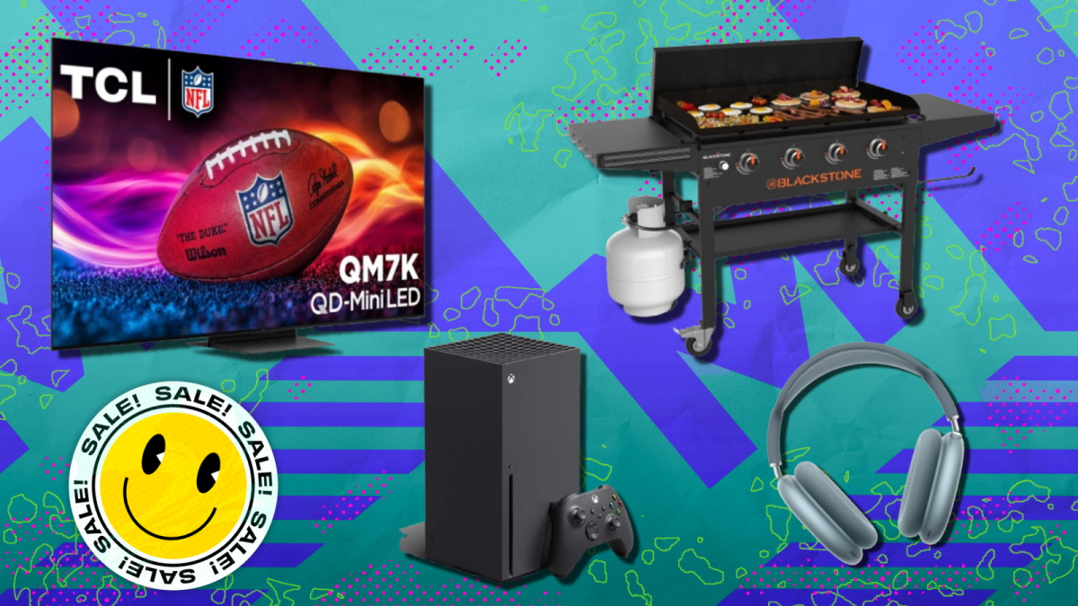 TCL TV, Apple AirPods Max, Xbox Series X e grelha Blackstone com fundo roxo e azul-petróleo