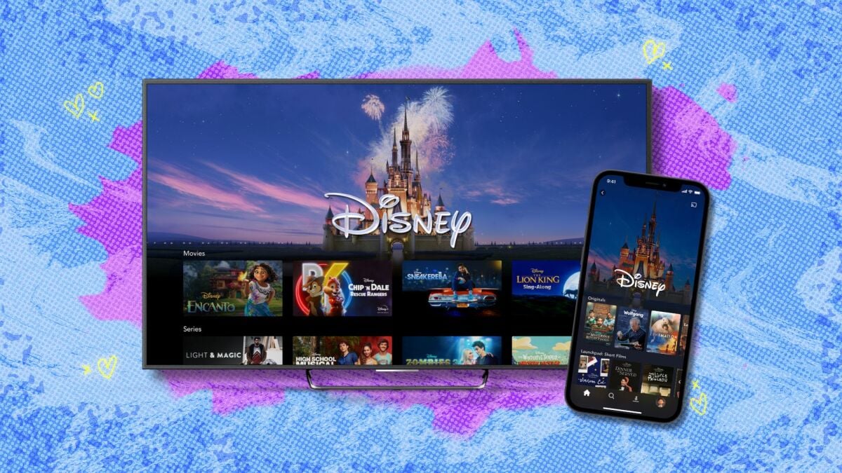 Logotipos Disney Plus e Hulu contra um fundo azul escuro