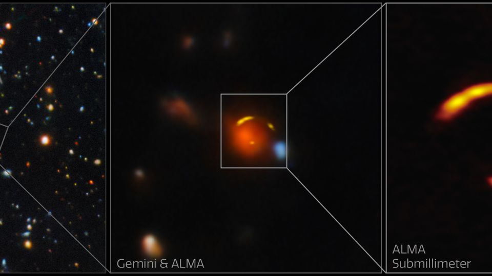 A galáxia Shadow Blaster está atrás da galáxia vermelha brilhante no centro desta imagem. - Observatório Internacional Gemini/NOIRLab/NSF/AURA