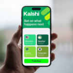 Mão segurando um smartphone exibindo a plataforma de mercado de previsão Kalshi com mercados eleitorais, meteorológicos, esportivos e financeiros. BBB se refere a Kalshi em investigação de publicidade depois que a empresa recusa a participação na revisão