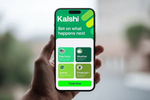 Mão segurando um smartphone exibindo a plataforma de mercado de previsão Kalshi com mercados eleitorais, meteorológicos, esportivos e financeiros. BBB se refere a Kalshi em investigação de publicidade depois que a empresa recusa a participação na revisão