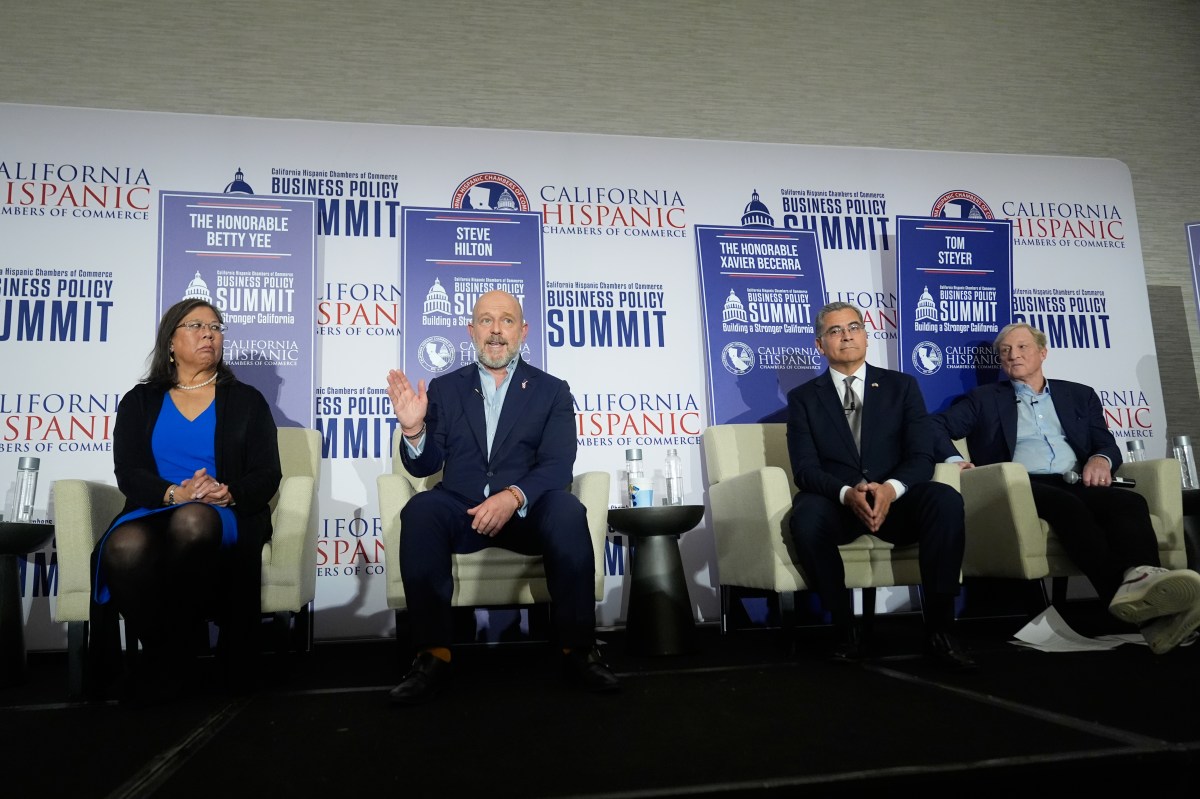 From left, Betty Yee, Steve Hilton, Xavier Becerra and Tom Steyer attend a gubernatorial candidate forum in Sacramento, California, Tuesday, April 14, 2026.