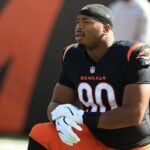 CINCINNATI, OHIO - OCTOBER 26: Kris Jenkins Jr. #90 of the Cincinnati Bengals warms up prior to the game against the New York Jets at Paycor Stadium on October 26, 2025 in Cincinnati, Ohio. (Photo by Justin Casterline/Getty Images)