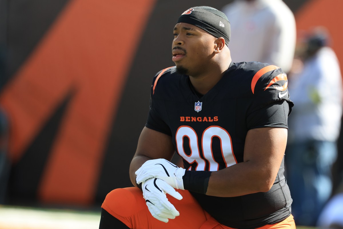 CINCINNATI, OHIO - OCTOBER 26: Kris Jenkins Jr. #90 of the Cincinnati Bengals warms up prior to the game against the New York Jets at Paycor Stadium on October 26, 2025 in Cincinnati, Ohio. (Photo by Justin Casterline/Getty Images)
